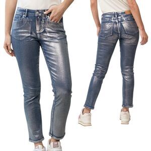 DEAR JOHN Blaire Straight Leg Jeans Silver Foil Ankle Stretch Denim
